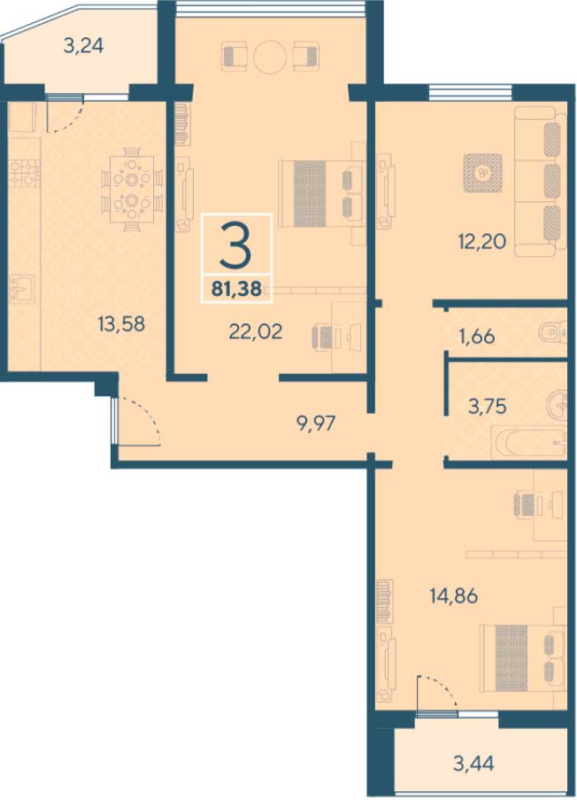 Планировка «Деснаград» 3-комнатной квартиры