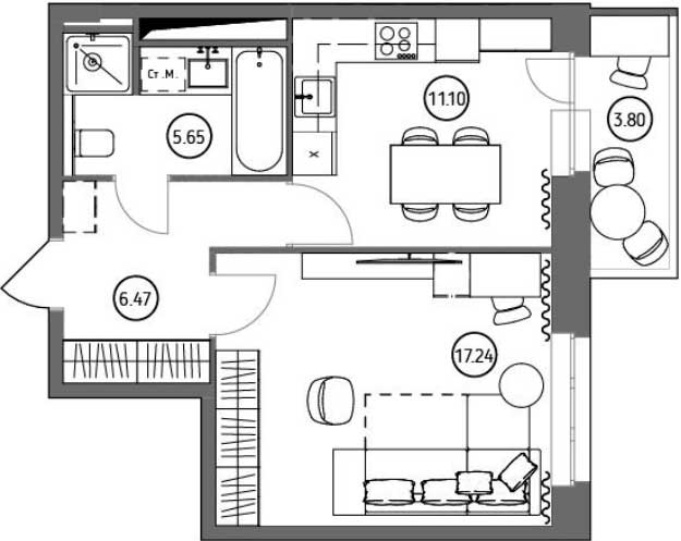 Планировка «Квартал набережных» 1-комнатной квартиры