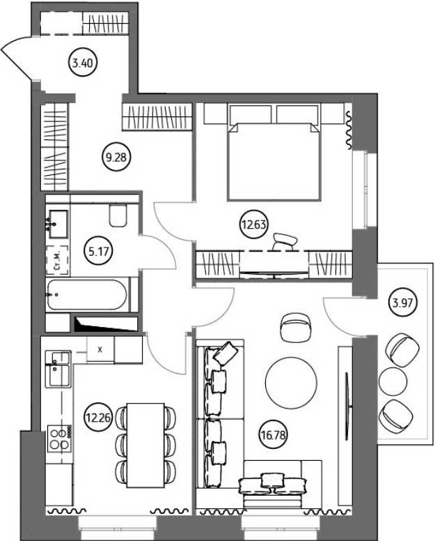 Планировка «Квартал набережных» 2-комнатной квартиры