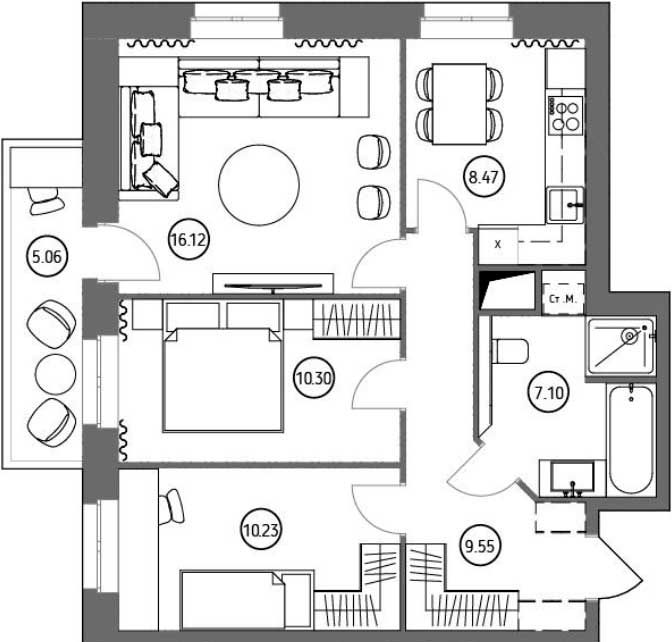 Планировка «Квартал набережных» 3-комнатной квартиры