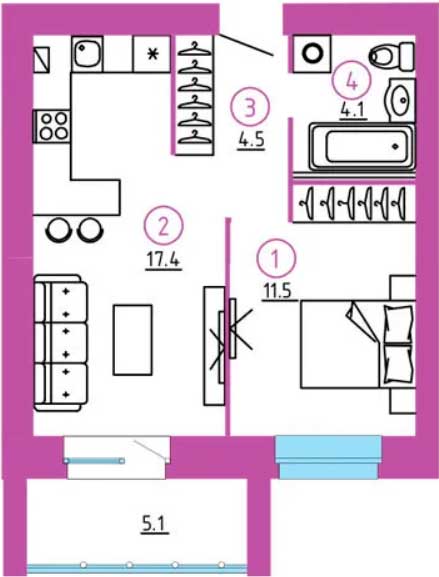 Планировка «Самолет» 1-комнатной квартиры