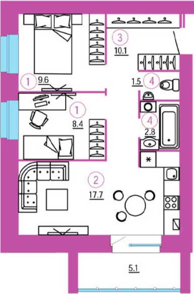 Планировка «Самолет» 2-комнатной квартиры