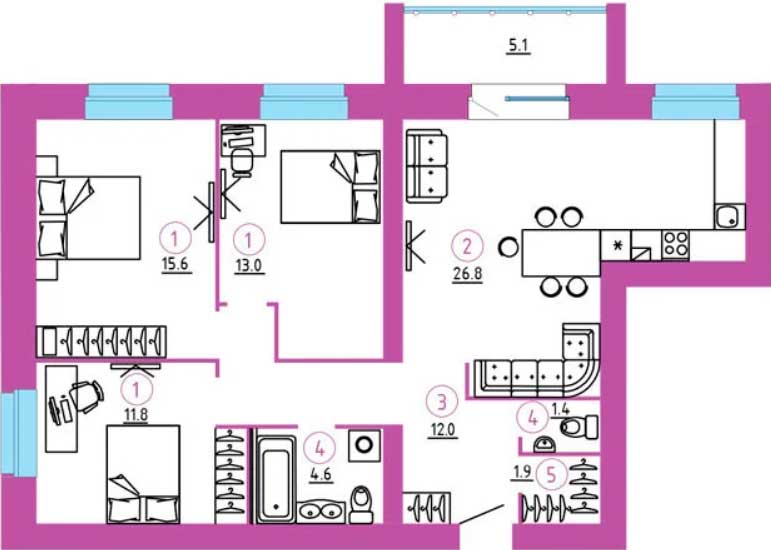 Планировка «Самолет» 3-комнатной квартиры