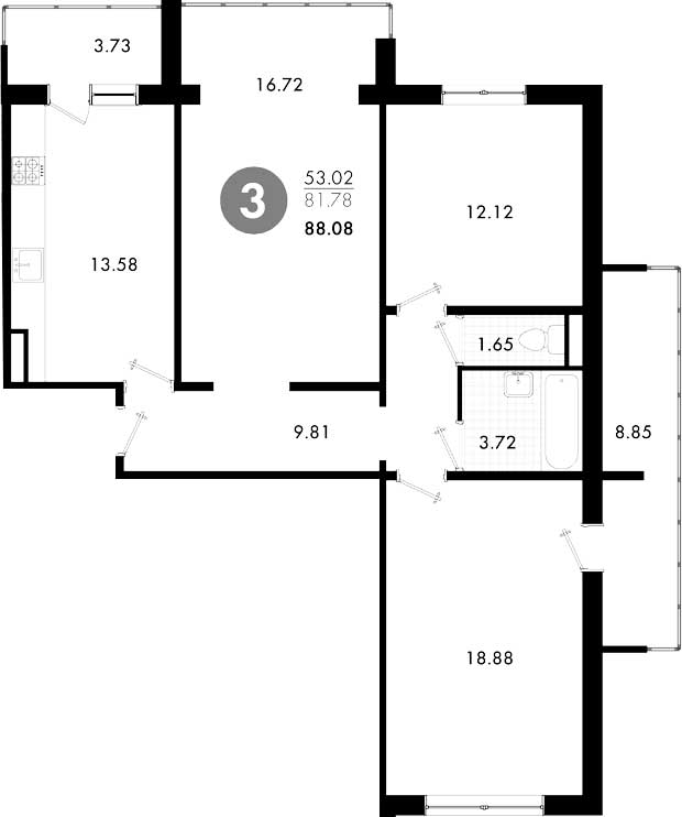 Планировка «Видный» 3-комнатной квартиры