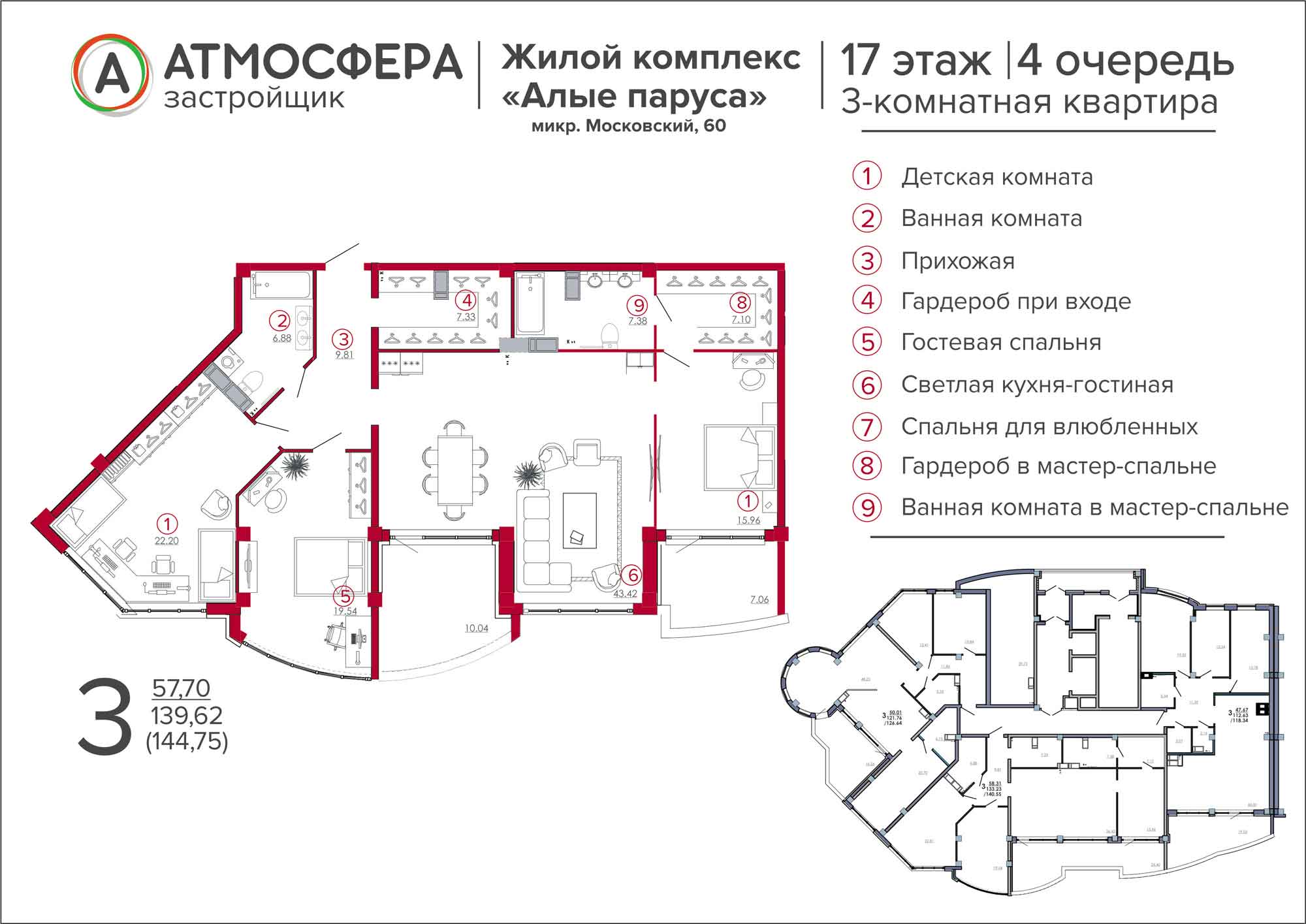 Планировка четырехкомнатной квартиры на 17 этаже