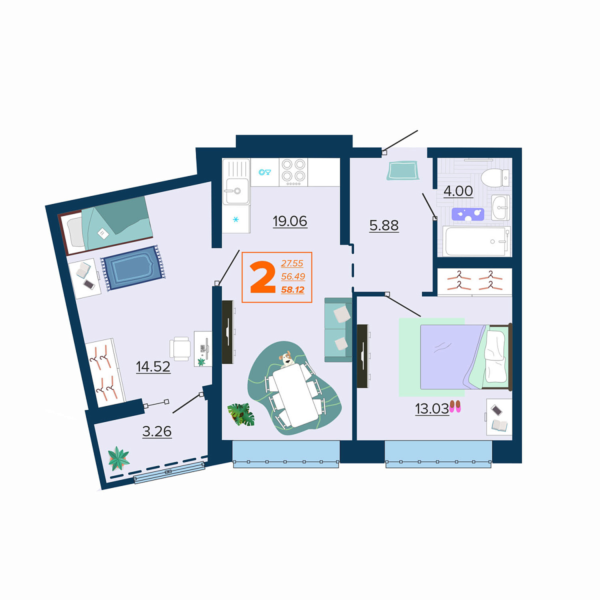 2-комн. 58.12 м²