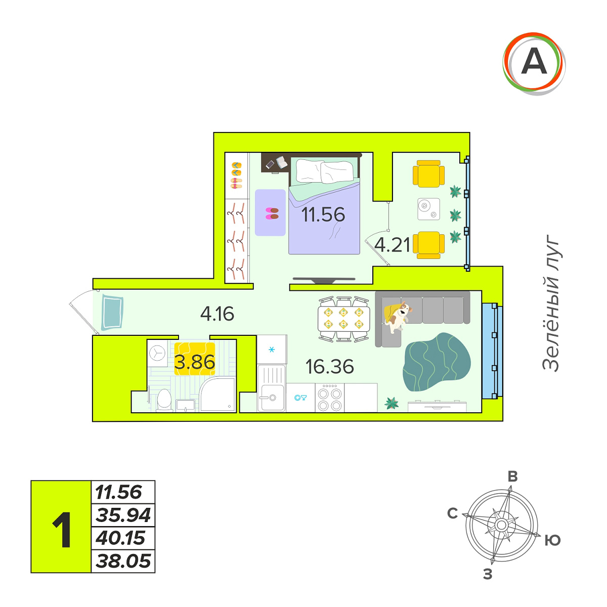 1-комн. 38.05 м²