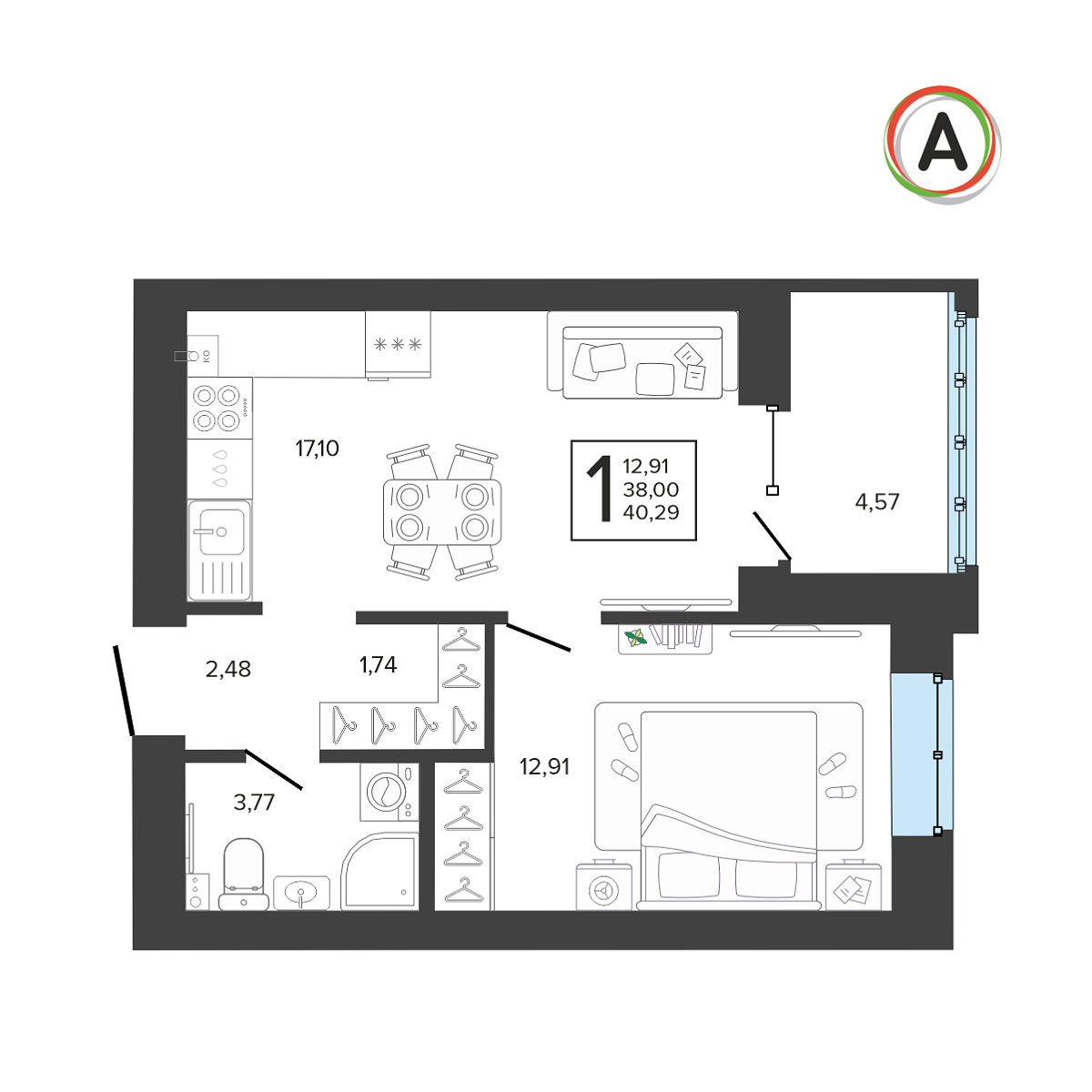 1-комн. 40.29 м²