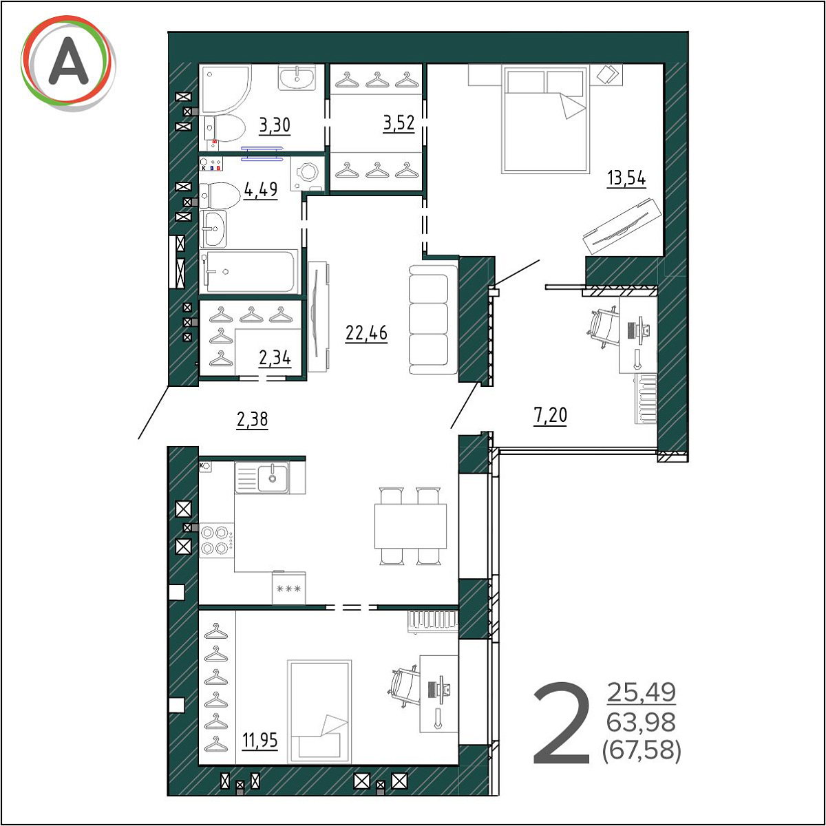 2-комн. 67.58 м²