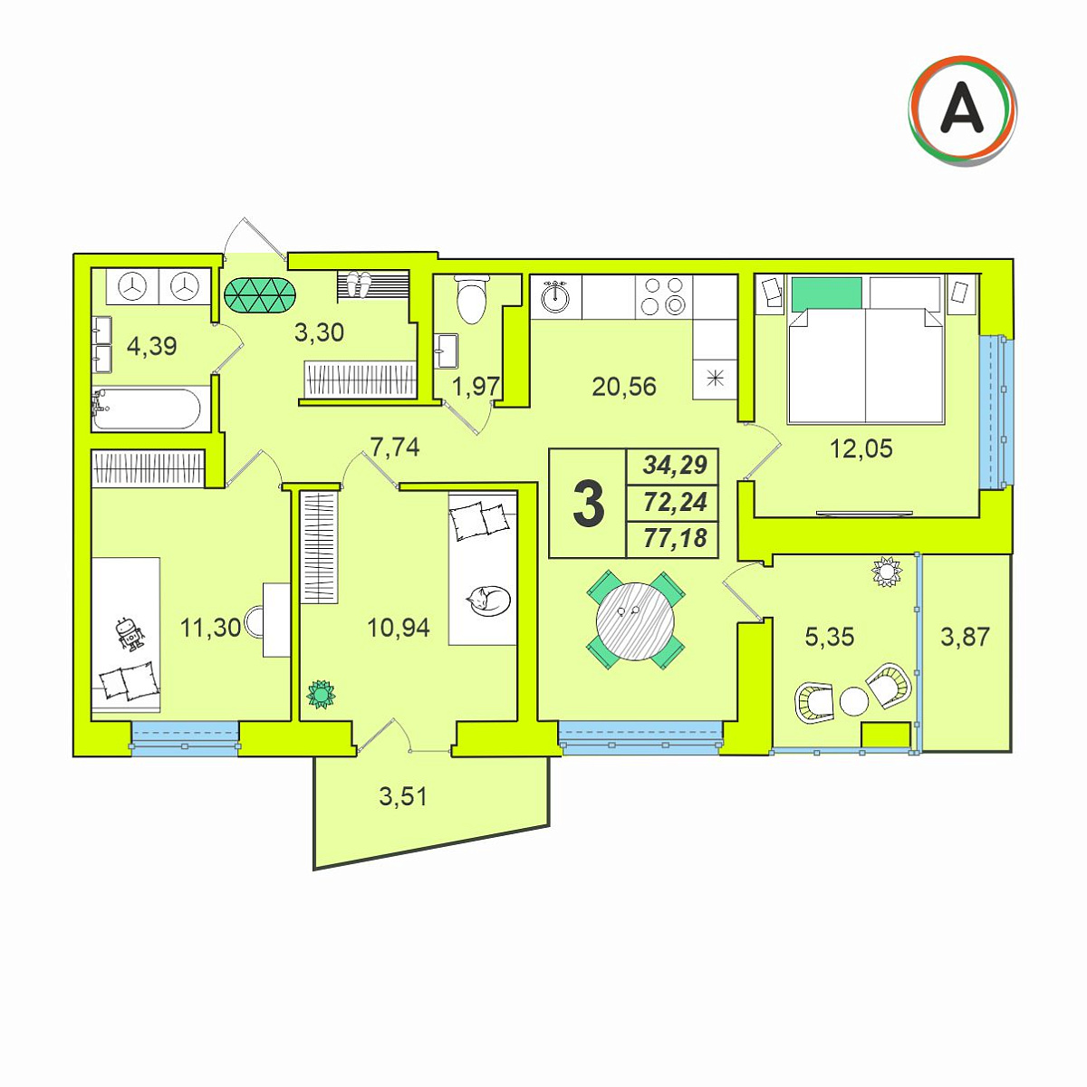 3-комн. 77.18 м²