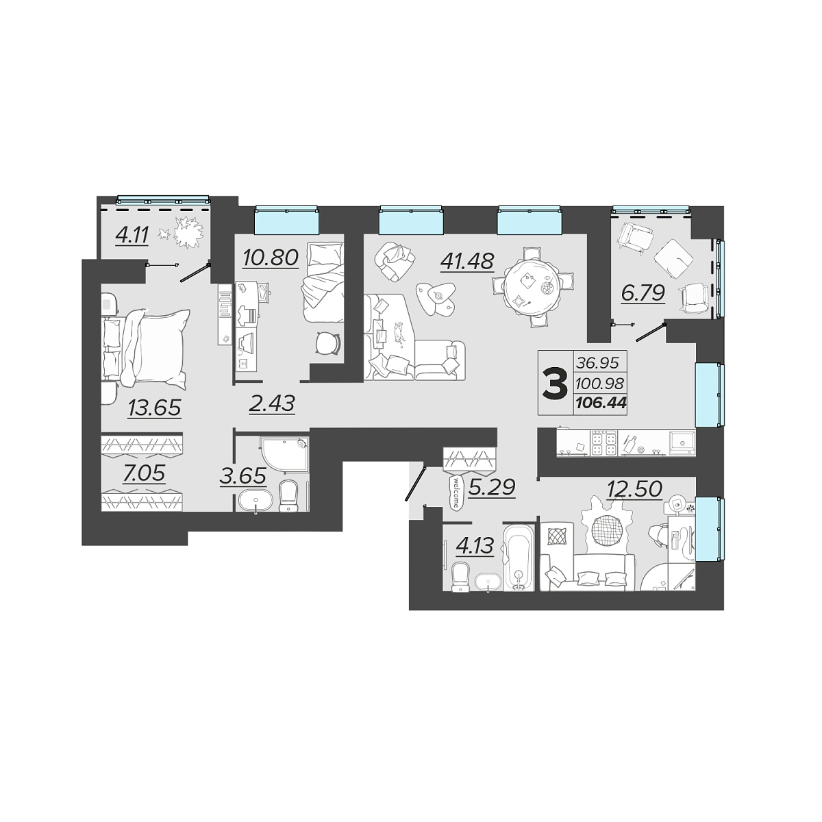 3-комн. 106.44 м²