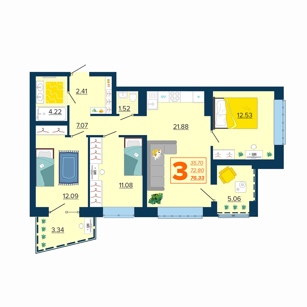 3-комн. 76.33 м²