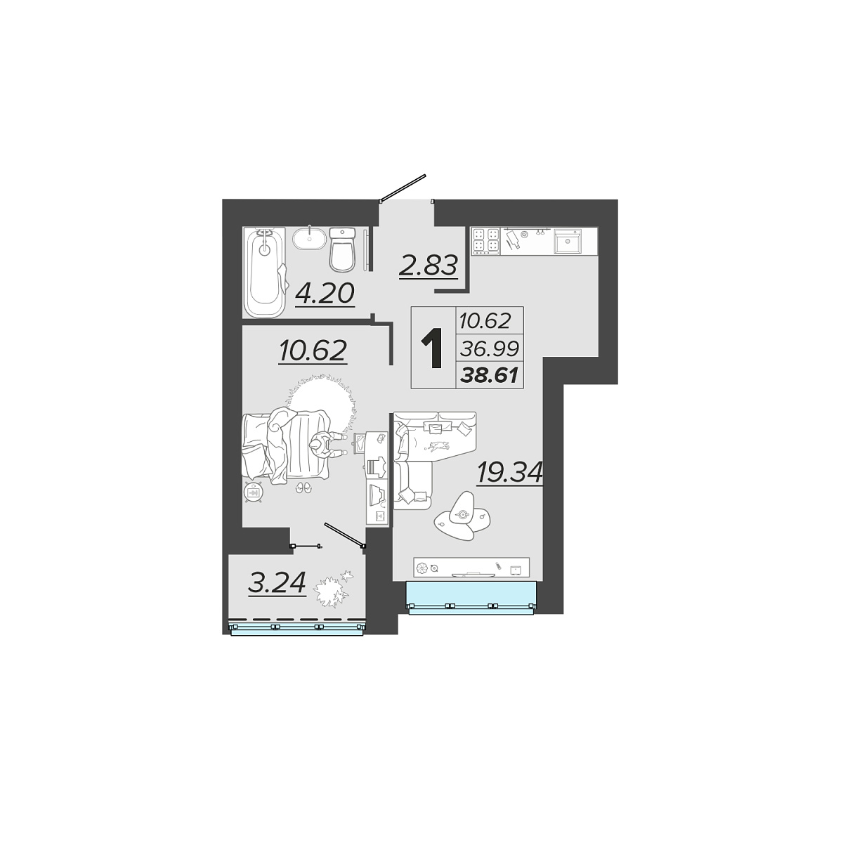 1-комн. 38.61 м²
